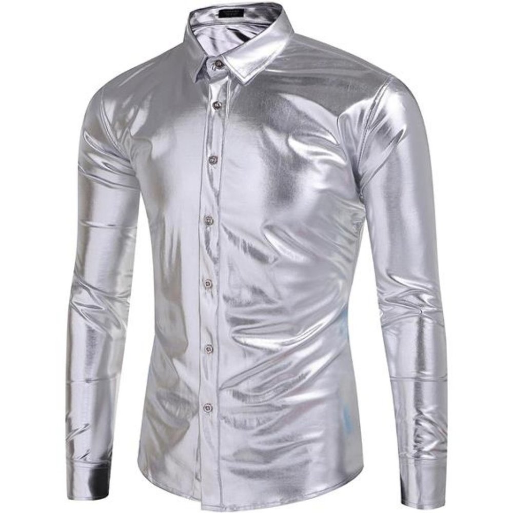 Men's Metallic Disco Shiny Slim Fit Long Sleeve Button Down Party Shirts, Sliver